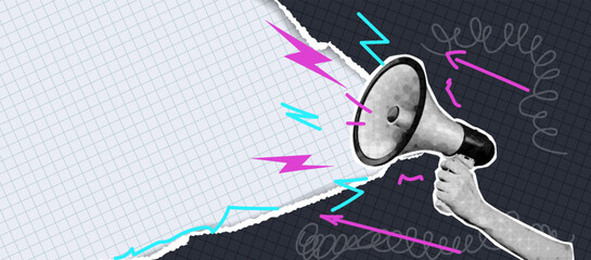 Illustration of a hand holding a megaphone with energetic arrows and lightning bolts. Black and white retro style on a graph paper background. Creative communication.