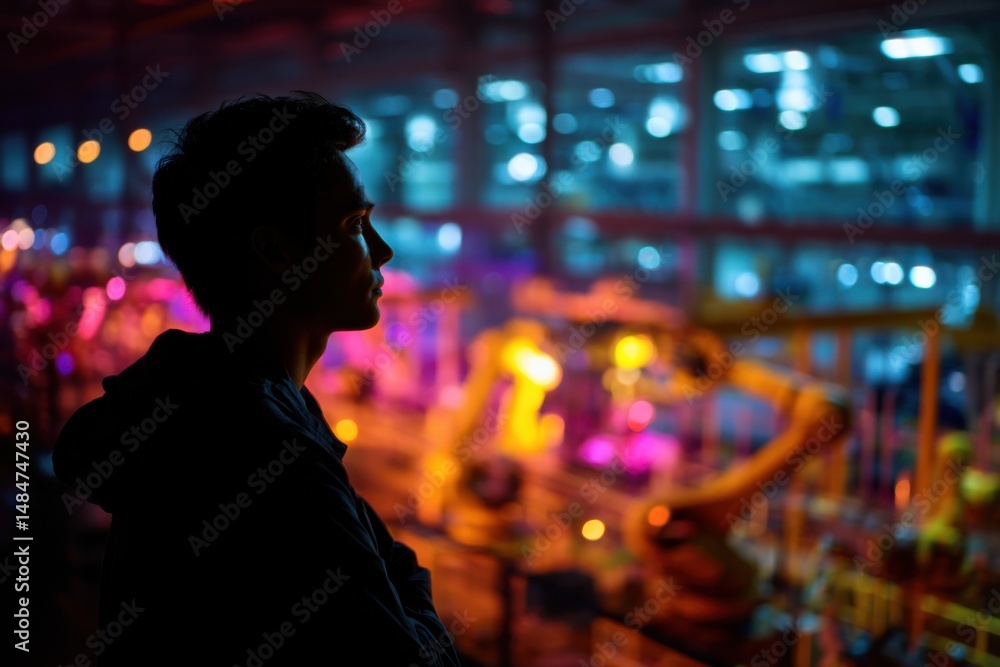 Poster Silhouette of a Man Overlooking a Robotic Assembly Line at Night, Representing Automation and the Future of Manufacturing and Industrial Innovation : Generative AI