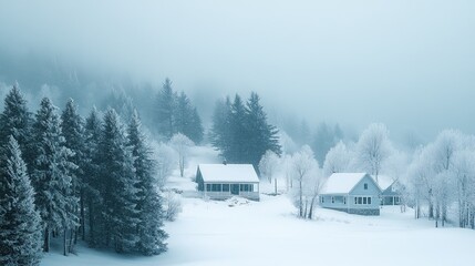 Two cozy cottages nestled in a snowy forest, shrouded in a soft fog, creating a serene winter scene.