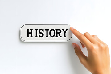 Hand pressing history button, finger touching history text on white interface, archive access concept, data memory navigation, timeline record search, information retrieval, digital past review, techn