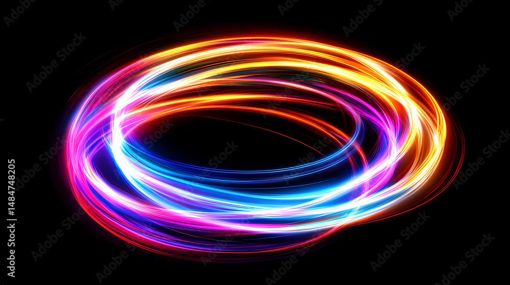 Poster abstract swirl of colorful glowing light trails on black background circular motion design element f