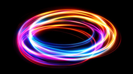 Abstract swirl of colorful glowing light trails on black background circular motion design element futuristic technology backdrop