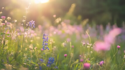 Vibrant Wildflower Meadow Filled with a Mix of Pinks and Blues at Golden Hour Light
