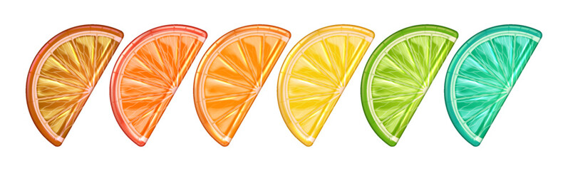 Illustration of vibrant citrus slices in colorful gradient hues representing orange lemon lime against white background ideal for food or drink concepts.