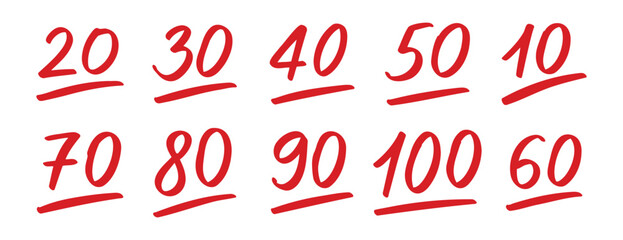 Doodle hand drawn test result set. exam score symbols. grade marks collection with red numbers. 10, 20, ...