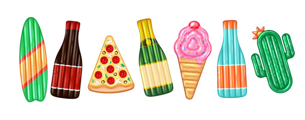 Illustration of vibrant pool floats in various fun shapes including pizza, ice cream and cactus, against clean white background, representing playful summer vibe
