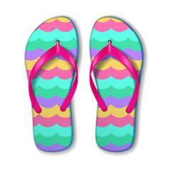 Flip flops with bright wave pattern radiate summer vibes. Bold pink straps add contrast to the colorful waves on blue, pink, yellow, and green. Perfect for beach fun.