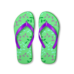 Illustration of vibrant flipflops with purple straps and green floral pattern. Perfect for summer beachwear or casual outings. Styled on a clean white background.