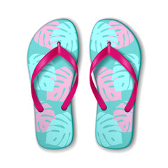 Vibrant flip flops in aqua and pink feature tropical leaf patterns. Fun and stylish, ideal for summer and beach activities. Captures a relaxed, tropical vibe.
