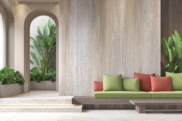 Modern indoor lounge area featuring green and red cushions and tropical plants