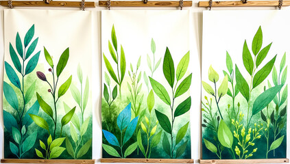 Dreamy green foliage painting in three flowing panels with moss and emerald watercolor textures
