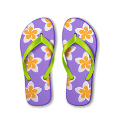 Colorful flip flops with floral design in purple and green tones. Ideal for summer beach outings and casual wear. Stylish and comfortable footwear choice.