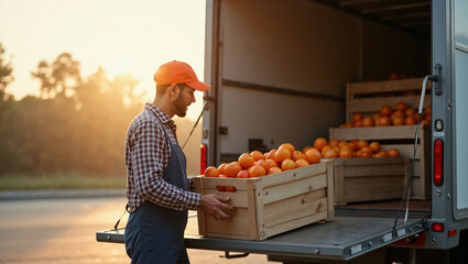 Worker loading fresh oranges from the back of a delivery truck during sunset, showcasing a calm outdoor setting, with warm light illuminating the scene