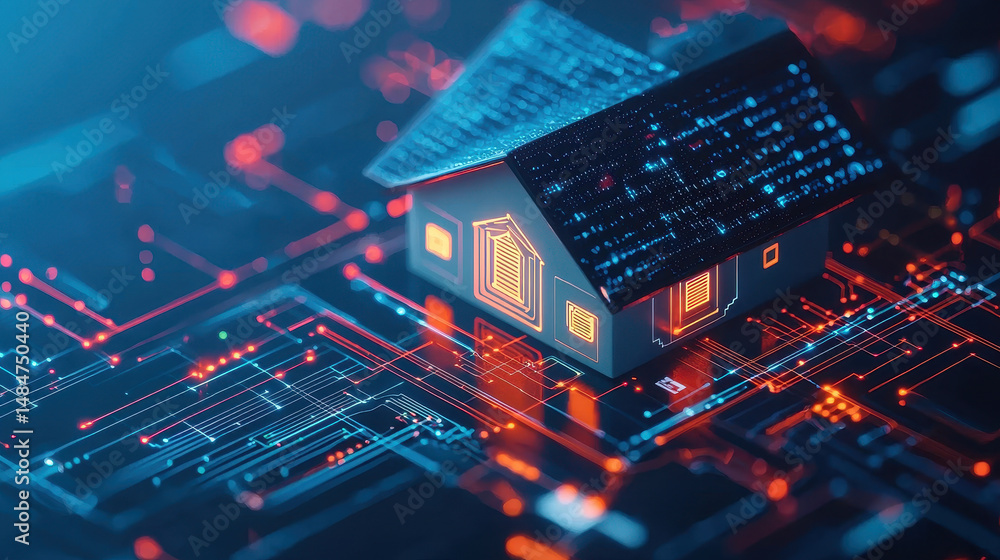 Poster digital house model surrounded by glowing circuit patterns represents fusion of technology and home 