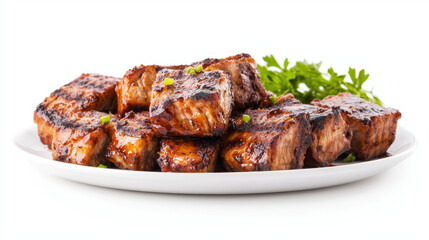 Delicious grilled meat pieces garnished with fresh herbs, showcasing mouthwatering glaze and rich texture. Perfect for any meal