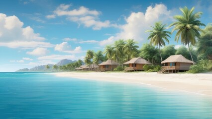 "Tropical Overwater Villas with Palm Trees and Clear Blue Sea"