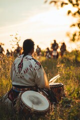 A calm morning in a field with people wearing traditional clothing A group is preparing for a powwow by setting up drums and instruments The mood is excited and focused