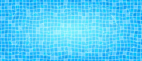 Background of the water in the pool, top view. Abstract illustration of a swimming pool tile pattern in vibrant blue shades. The rippled water effect creates a sense of movement and freshness.