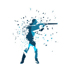 Skeet shooter, trap shooting sport, abstract blue isolated vector silhouette with dispersion effect