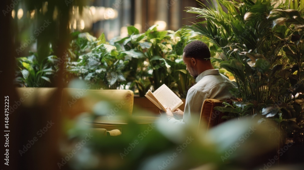 Poster african american man reading a book surrounded by plants in a quiet cafe, representing intellectual 