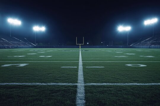 Empty football field at night, illuminated by stadium lights (1)