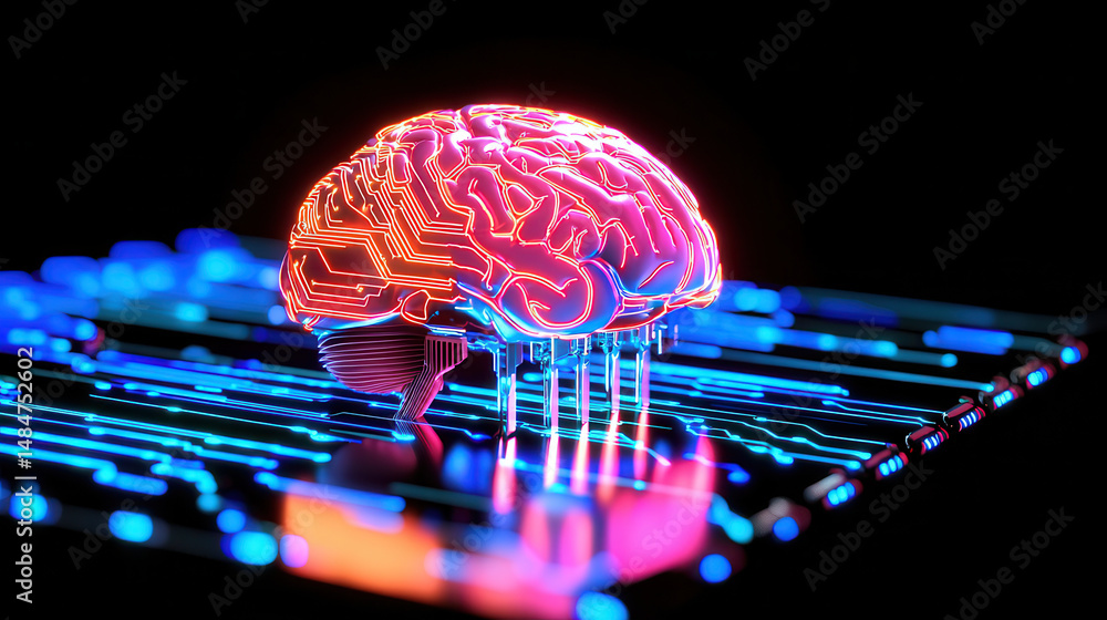 Poster digital brain with neon circuits on circuit board, symbolizing advanced technology and artificial in