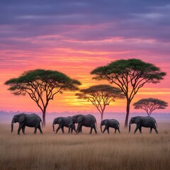 Obraz premium African Elephants at Sunrise on the Savanna