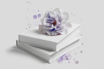 Delicate flower atop stacked books, soft color palette.