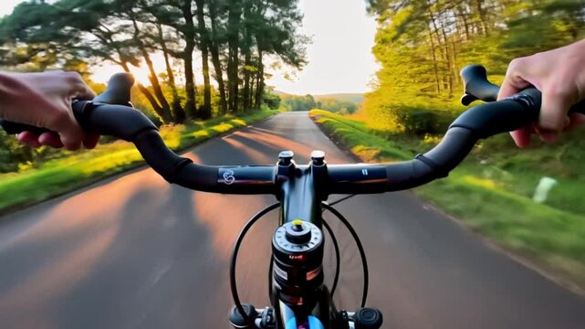 Cyclist riding along scenic road at golden hour, Perspective of a fast bike ride surrounded by trees and warm light