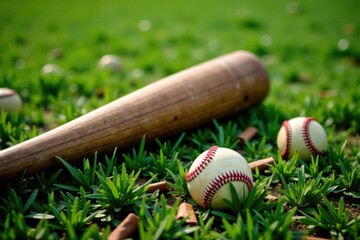 Overgrown outfield grass with scattered baseballs and old wooden bat fragments, field, sunlight