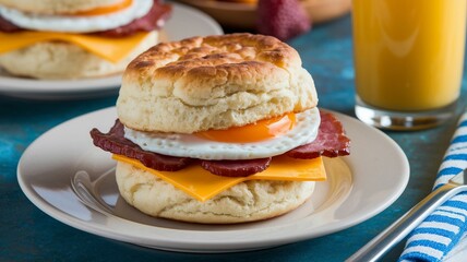 Egg, cheese, and bacon or sausage on a biscuit, muffin, or croissant for a quick breakfast