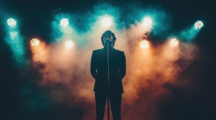 A speaker on stage under bright spotlights delivering a passionate speech