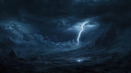 Dark Stormy Night Landscape: Mountains under a Lightning Strike