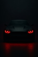 Dark Moody Car Front View with Red Headlights in Minimal Lighting
