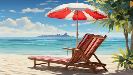 Tropical Beach Scene Illustration with Chair, Umbrella, and Surfboards