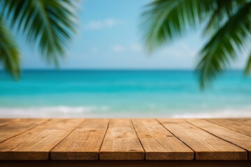 Fototapeta premium Tropical beach with wooden table.