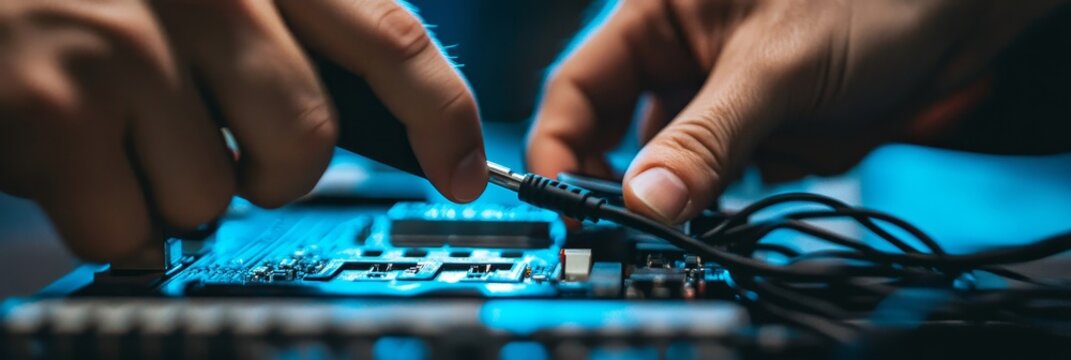 Hands connecting audio jack to circuit board under blue light in a technology environment setup