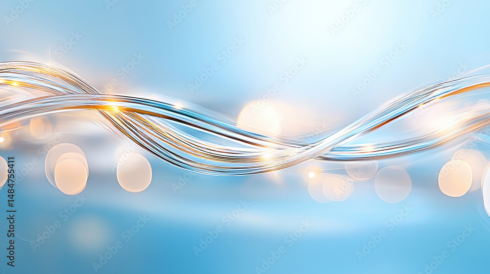 Poster dynamic abstract wave with glowing lights on soft blue background, creating sense of movement and en