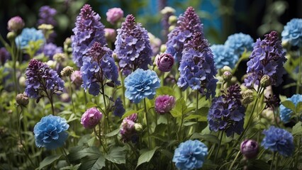 Delphinium Flower Field – Vibrant Blue and Purple Blooms in Summer Garden