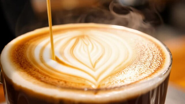 a skilled barista creating intricate latte art in slow motion with warm light in a clear glass mug, showcasing craftsmanship concept of coffee art and preparation