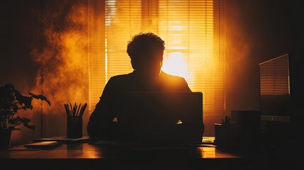 A shadowy figure sitting at a desk, contemplating their next business move 
