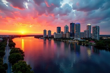 Obraz premium Panoramic view of downtown Tampa's skyline and waterfront at sunset, urban landscape, sunset