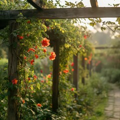 Vines With Red Flowers Blooming Along A Garden Trellis In A Lush Green Landscape At Sunrise