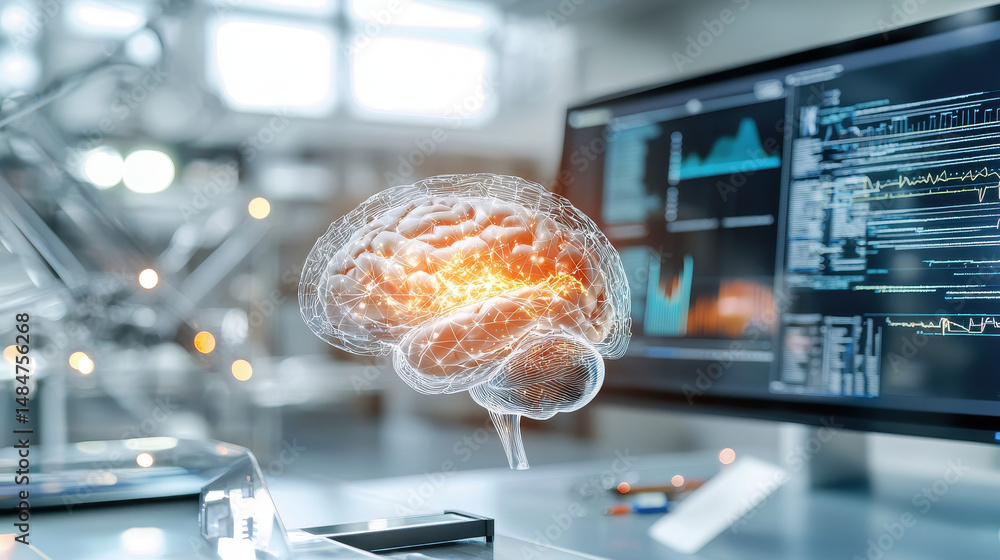 Poster futuristic digital brain model is displayed in laboratory setting, symbolizing advanced technology a