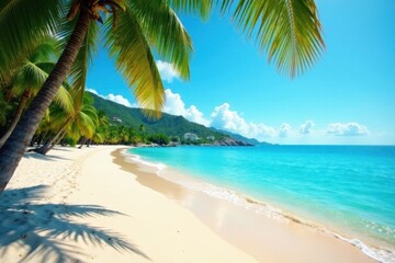 Obraz premium Panoramic view of Samara Beach with palm trees and clear waters, tree, sea