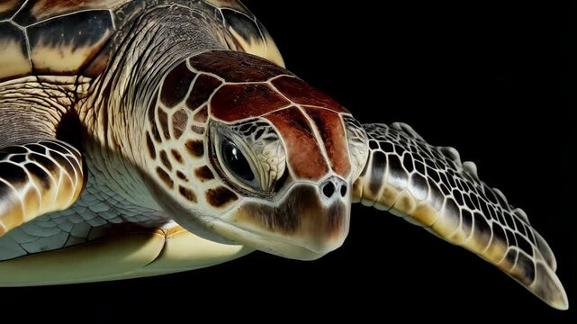 Close-up portrait of a sea turtle swimming in dark water, showcasing its intricate shell pattern, eyes, and unique facial features.