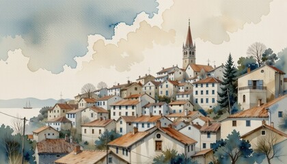 Fototapeta premium Quaint watercolor village painting, a serene countryside escape in picturesque scenery