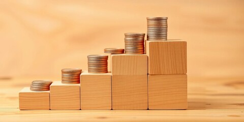 Wooden block stairs topped with coins, symbolizing incremental savings, coins, cost reduction