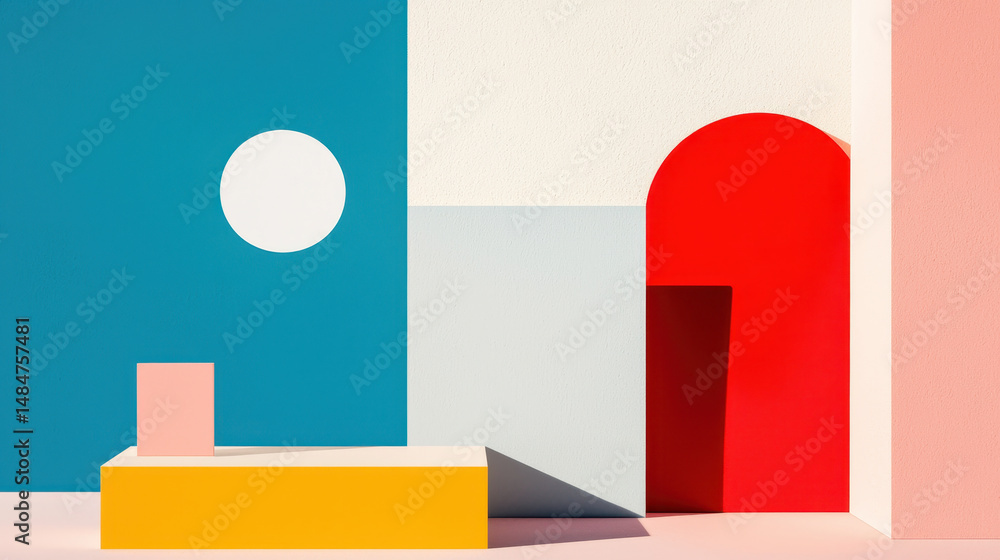 Poster minimalist abstract composition featuring geometric shapes and vibrant colors, creating harmonious a