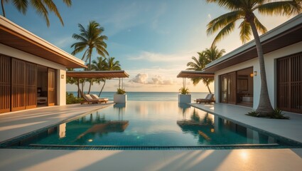 Fototapeta premium Gorgeous tropical luxury beachfront home with a relaxing pool surrounded by vibrant greenery and elegant palm trees overlooking the beautiful ocean in a tranquil setting